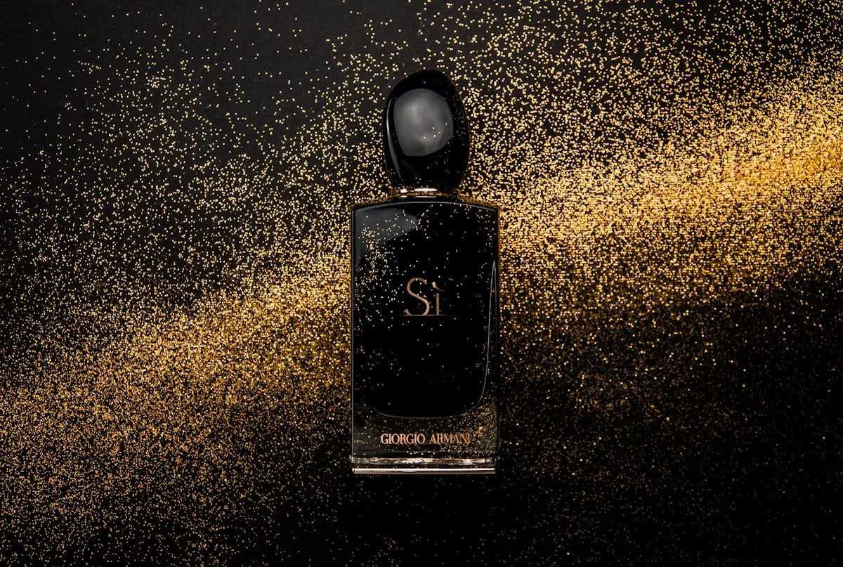 black glass perfume bottle showing front label